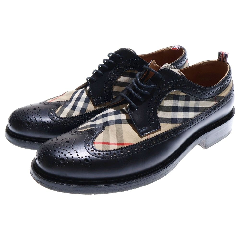 LONDON バーバリーロンドン TAILOR BROGUE チェックパネル レザーシューズ ブラック ベージュ 42 ITBROSRLLOC