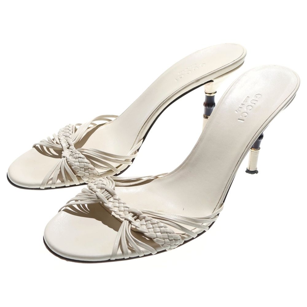 GUCCI グッチ バンブーヒール イントレチャート レザー サンダル シューズ ホワイト レディース