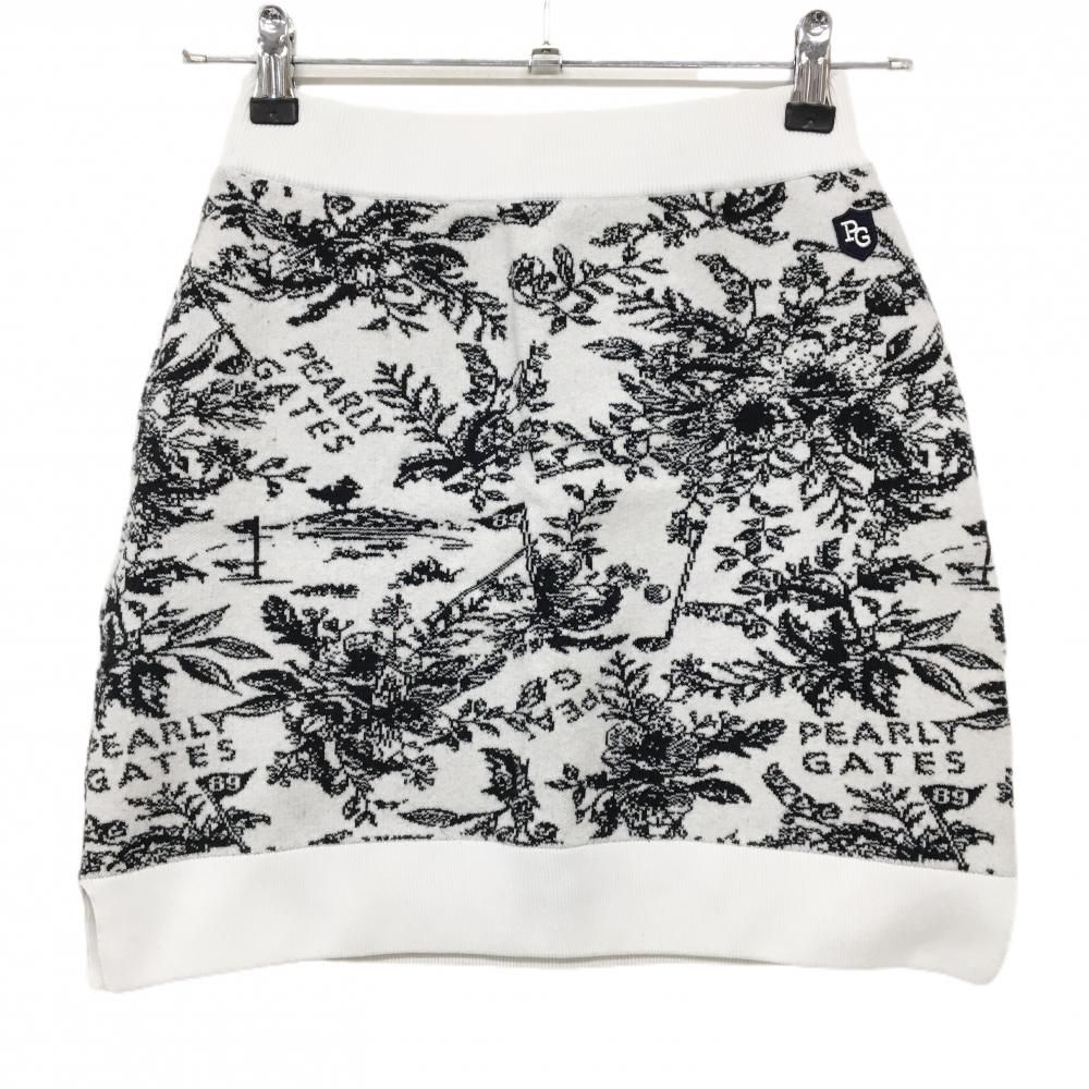 超 パーリーゲイツ ニットスカート 白×黒 花柄 ウエストゴム レディース 0 S ゴルフウェア PEARLY GATES