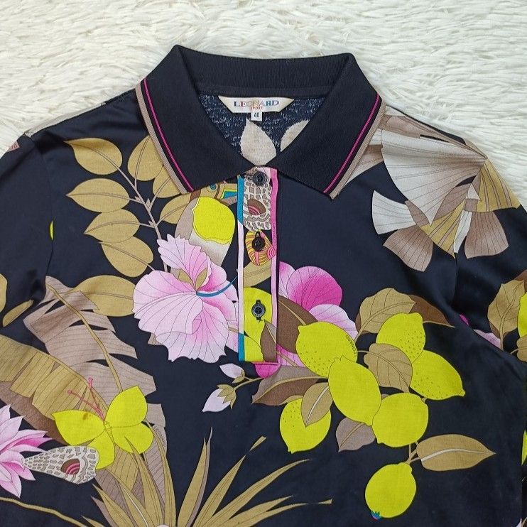 レオナールスポーツ LEONARD SPORT ポロシャツ 40 ブラック 黒 マルチ 長袖ポロシャツ 総柄 伸縮性 レディース 花 鳥 蝶 派手