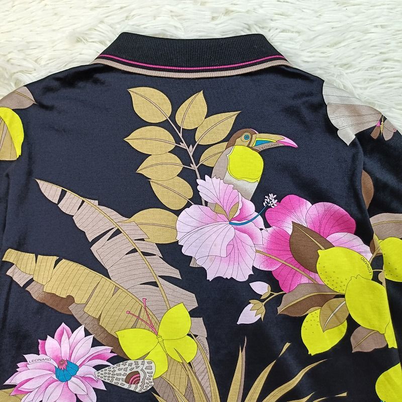  レオナールスポーツ LEONARD SPORT ポロシャツ 40 ブラック 黒 マルチ 長袖ポロシャツ 総柄 伸縮性 レディース 花 鳥 蝶 派手 長袖 ポロシャツ