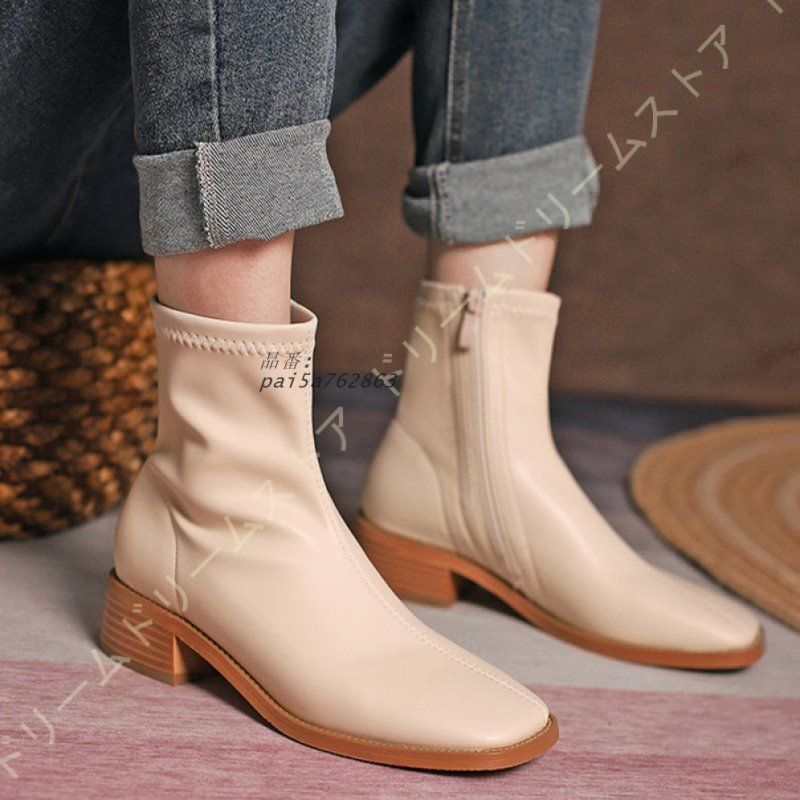 スクエアトゥ ショートブーツ レディース 太ヒール おしゃれ 4CMチャンキーヒール クラシック 歩きやすい サイドジップ 美脚 ブーツ 靴 ブーティ pai5a762863