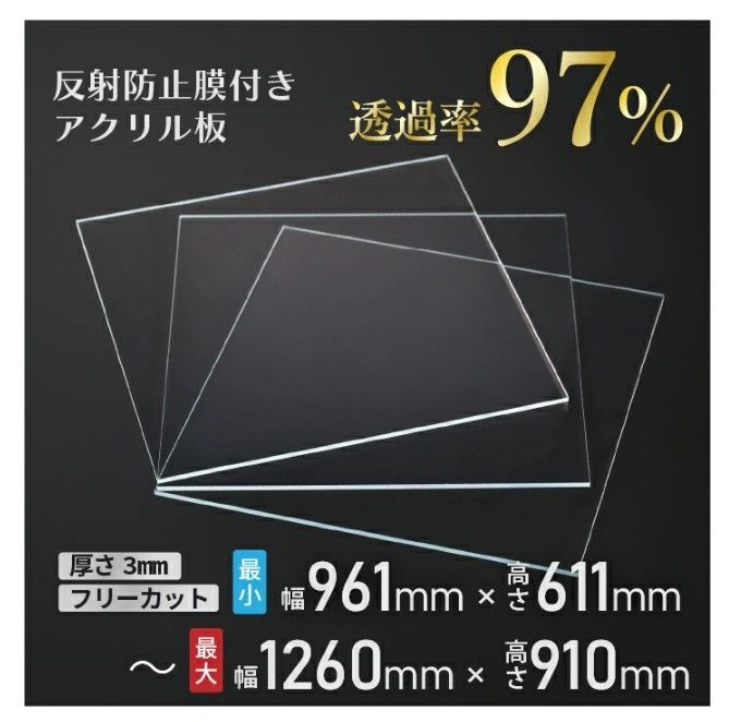 ニデック レクアアートLL 厚さ3mm 961×611～1260×910mm アクリル板 フリーカット可 反射防止膜付き 透過率97％以上 帯電防止機能付き 額縁 絵画 C2AA0D305050A06