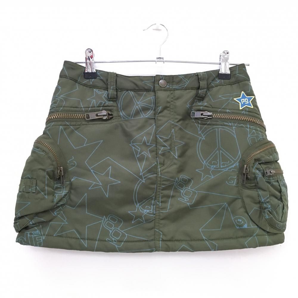 超 パーリーゲイツ 中綿スカート カーキ×ライトブルー 星 総柄 複数ポケット レディース 0 S ゴルフウェア PEARLY GATES
