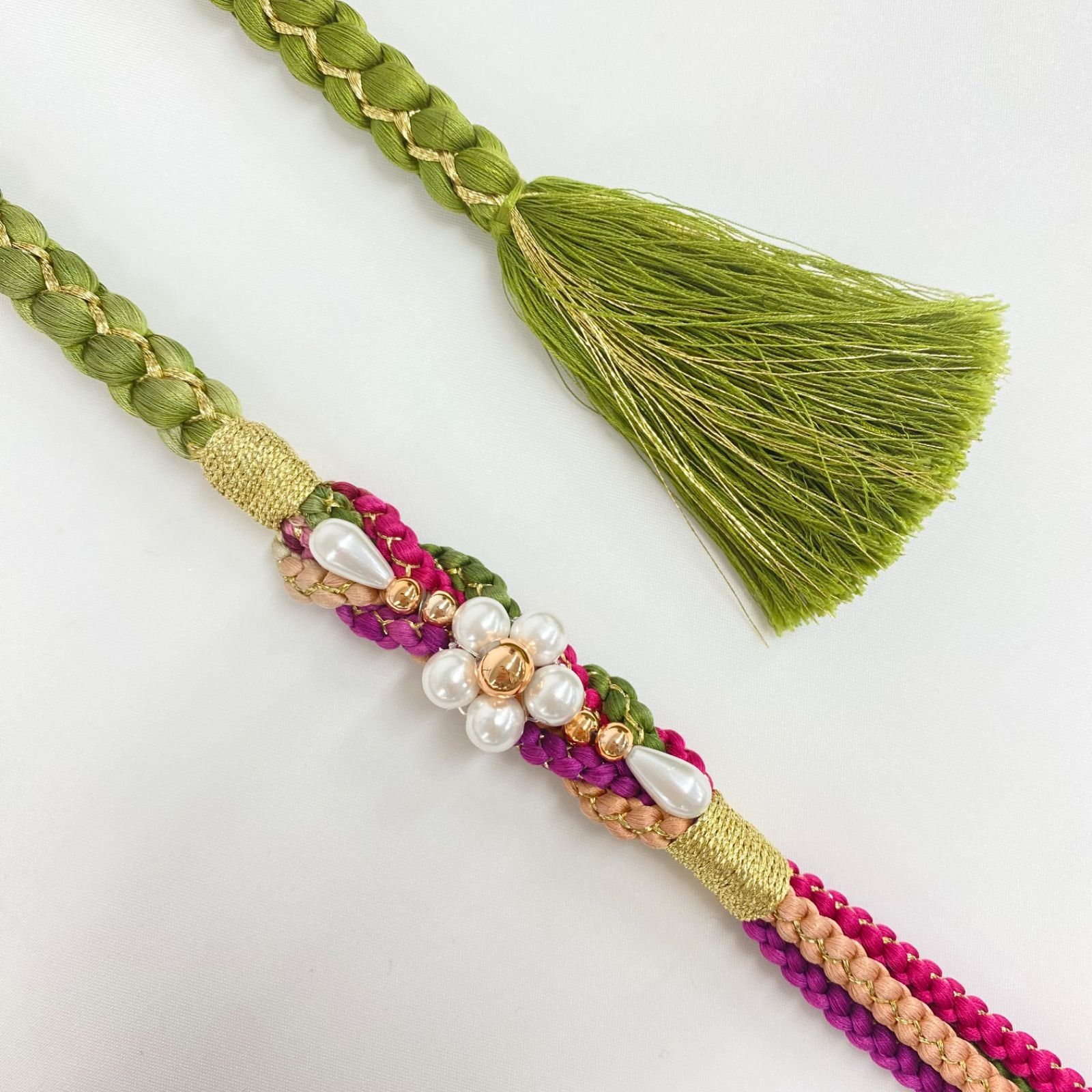 11ヶ月使用 振袖用帯締め 飾り付き ちりめん細工 7本おまとめ 正絹 VV 高品質、全国送料無料！