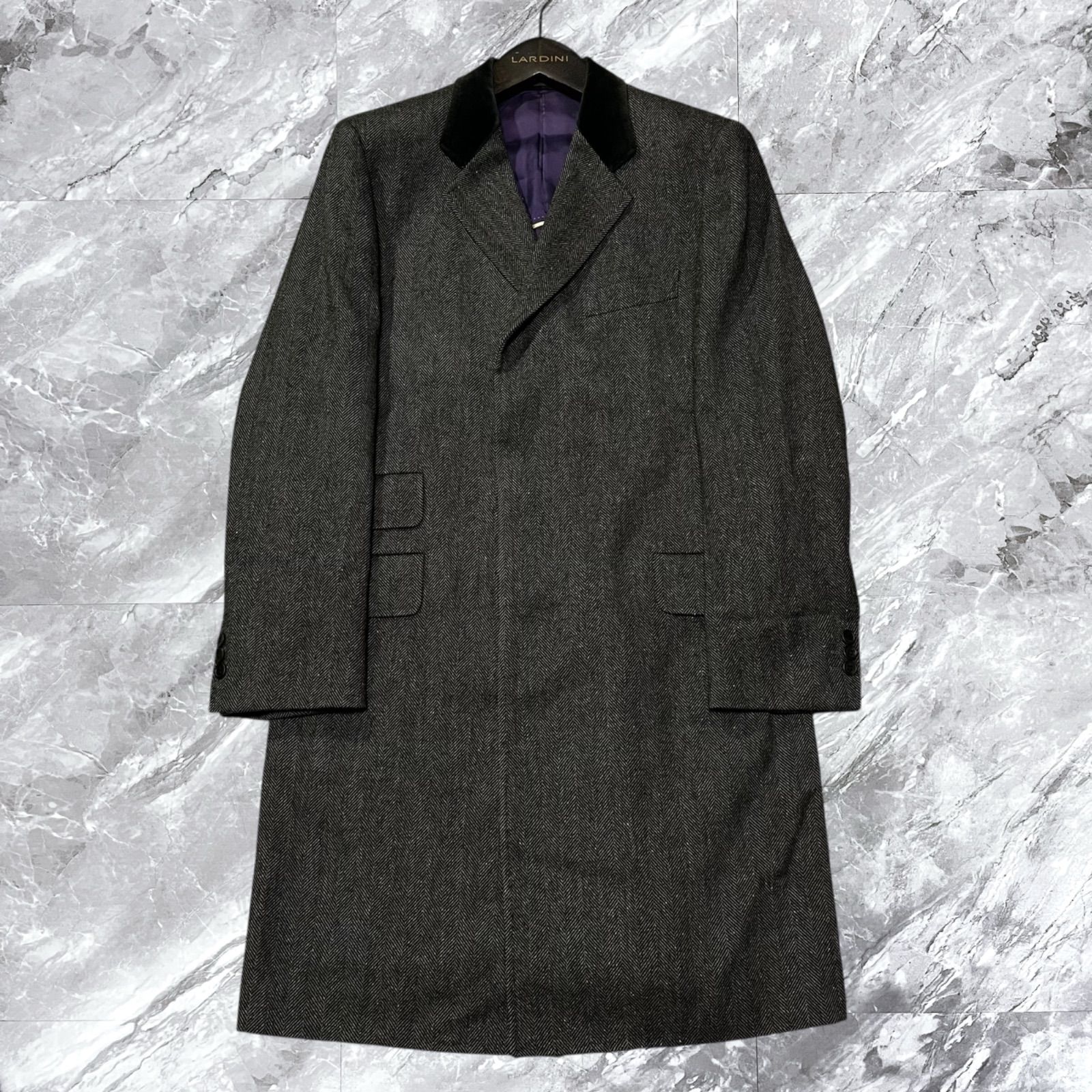 Paul Smith The British Collection ポールスミス ブリティッシュ チェスターコート ロングコート ウール ヘリンボーン ベロア切り替え 比翼ボタン グレー 灰色 サイズL相当