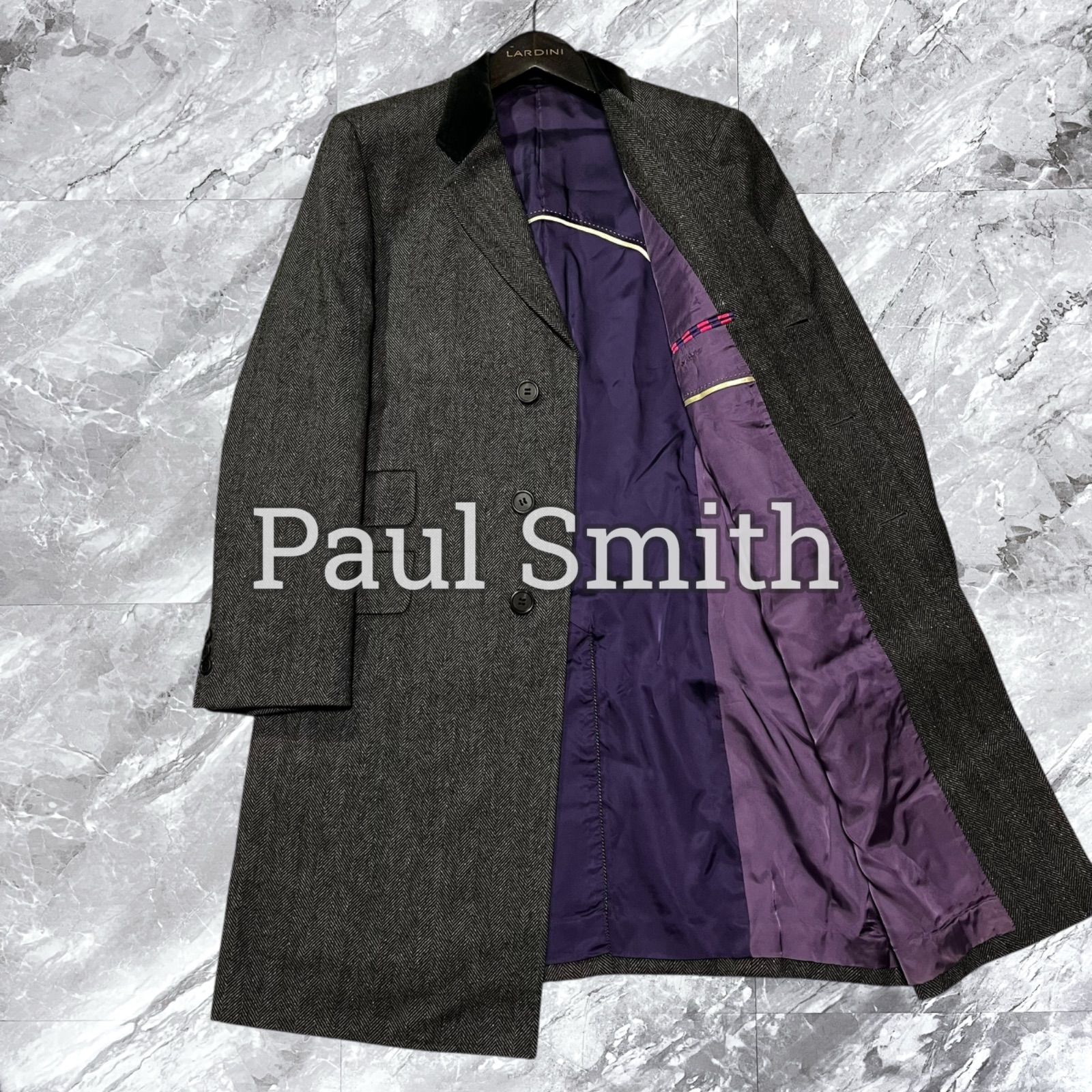 Paul Smith The British Collection ポールスミス ブリティッシュコレクション チェスターコート ロングコート ウール ヘリンボーン ベロア切り替え 比翼ボタン グレー 灰色 サイズL相当