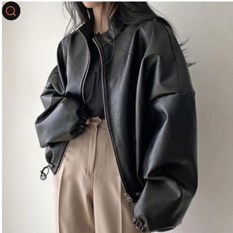 黒ブルゾンフェイクレザーブラックジャケットジップアップストリート