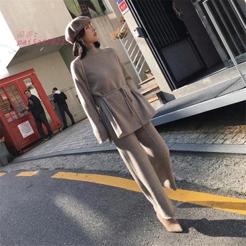 セットアップ レディース ニット 秋冬 ニット セーター ワイドパンツ 上下セット ハイネック チノパン 長袖 カジュアル ゆったり pai5a478213