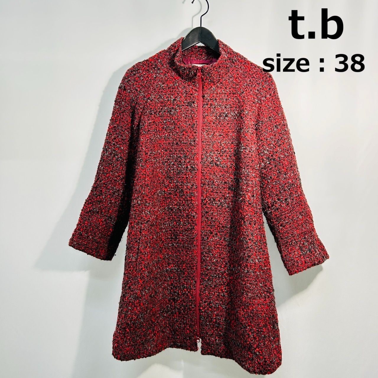 t.b 38 レッド系 ツイードコート ジャケット ロングアウター レディース スタンド Aライン ジップアップ センソユニコ ティービー