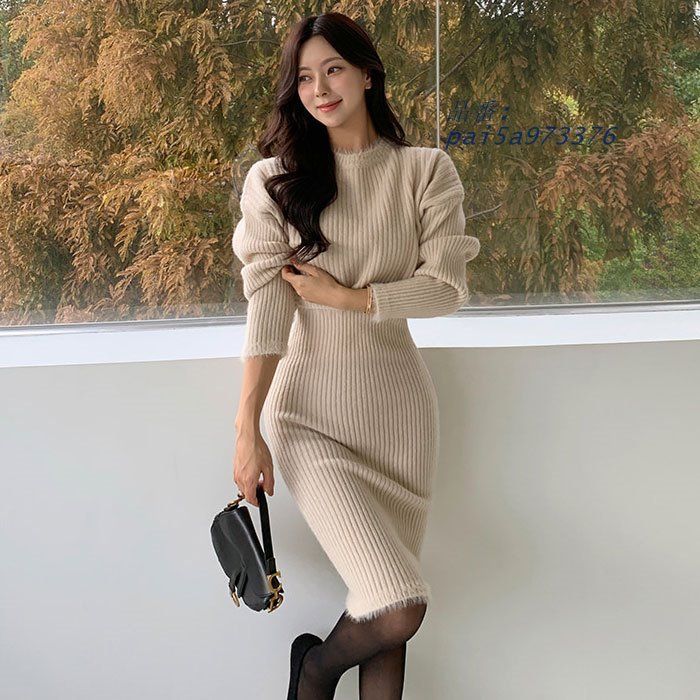 縦ライン膝丈タイト 長袖ニットセットアップアンサンブル