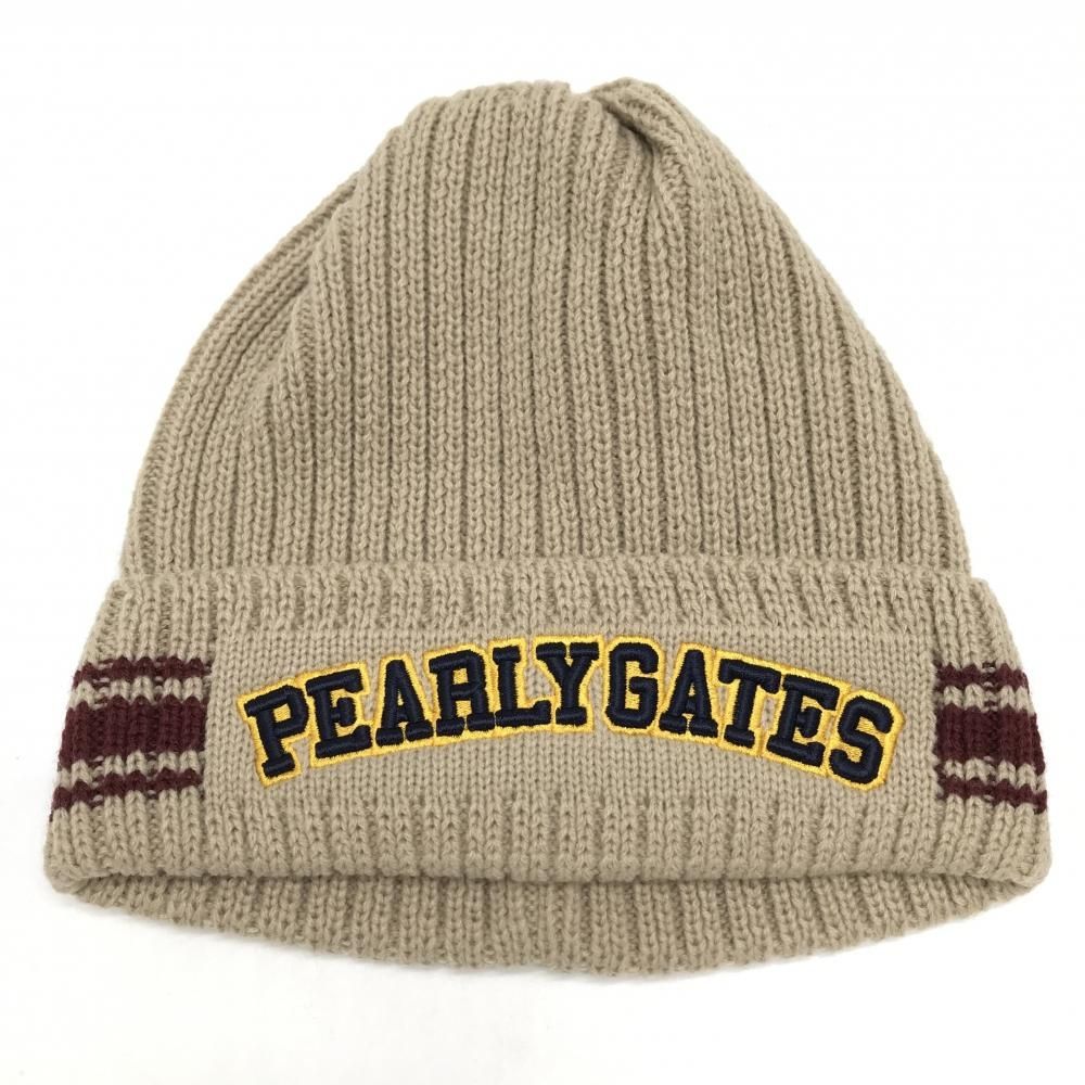 超 パーリーゲイツ ニット帽 ベージュ×ボルドー 立体ロゴ刺しゅう FR ゴルフウェア 2025年モデル PEARLY GATES