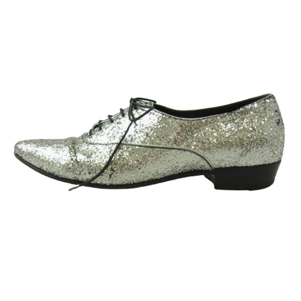 CELINE セリーヌ SA 0199 グリッター ラメ ポインテッドトゥ レースアップ ドレス シューズ シルバー系 41.5