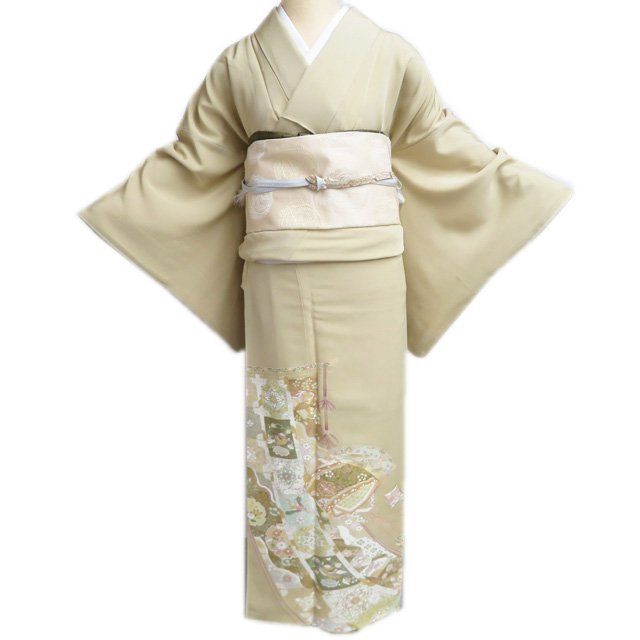 色留袖 着物 本加工 正絹 袷 紋付 一つ紋 金駒刺繍 花の図 梅 鴛鴦 麦藁色 多色 金 身丈163cm 裄69.5cm L きもの北條 A1290-3