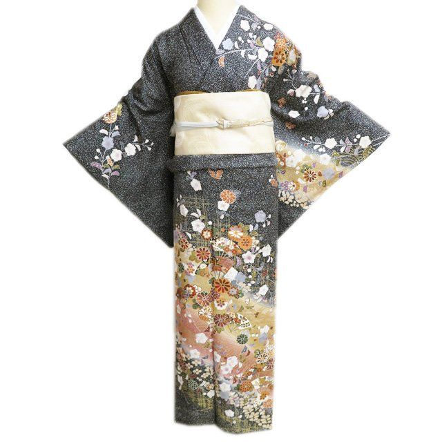 特選 訪問着 着物 正絹 袷 フォーマル 花模様 辻が花模様 たたき染 黒色 多色 金 身丈169cm 裄68cm L トール きもの北條 A1290-5