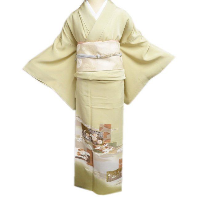 色留袖 着物 正絹 袷 紋付 一つ紋 金駒刺繍 花の図 流水 波 枯草色 多色 金 身丈160cm 裄65.5cm M きもの北條 A1290-7