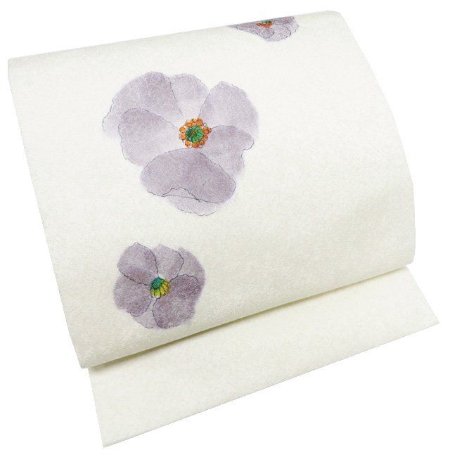 名古屋帯 なごや帯 リサイクル 正絹 カジュアル 仕立て上がり 絵夢工房 花の図 銀通し 白色 鼠色 多色 きもの北條 A1290-9