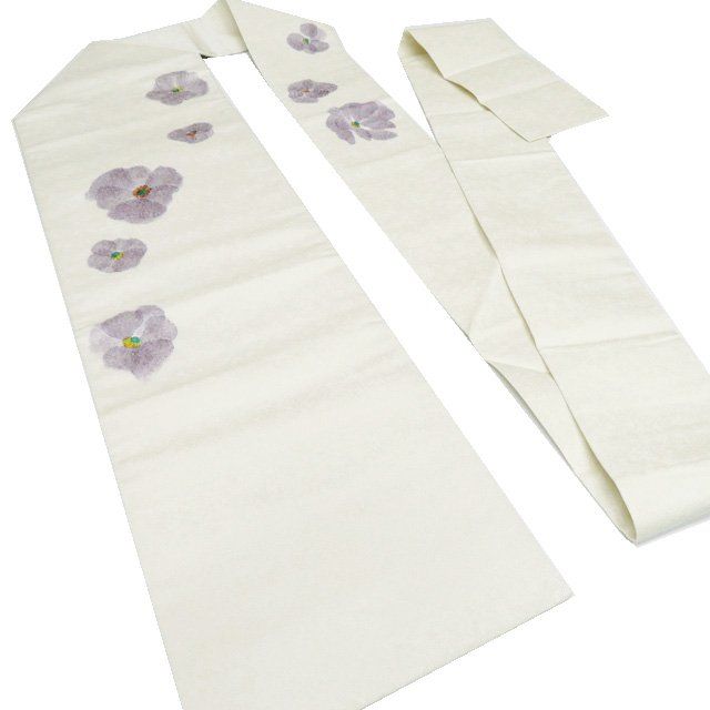 名古屋帯 なごや帯 リサイクル 正絹 カジュアル 仕立て上がり 絵夢工房 花の図 銀通し 白色 鼠色 多色 きもの北條 A1290-9