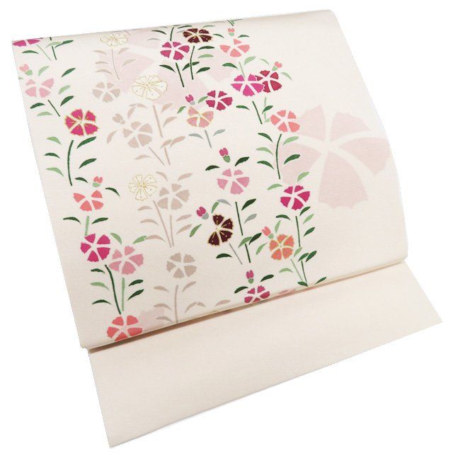 特選 名古屋帯 なごや帯 リサイクル 正絹 カジュアル 塩瀬 花の図 撫子 桜色 多色 金 きもの北條 A1290-11