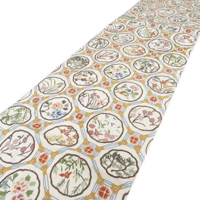 袋帯 リサイクル 正絹 フォーマル セミフォーマル 仕立て上がり 六通 相良刺繍 蜀江文 花模様 砂色 多色 きもの北條 A1290-14