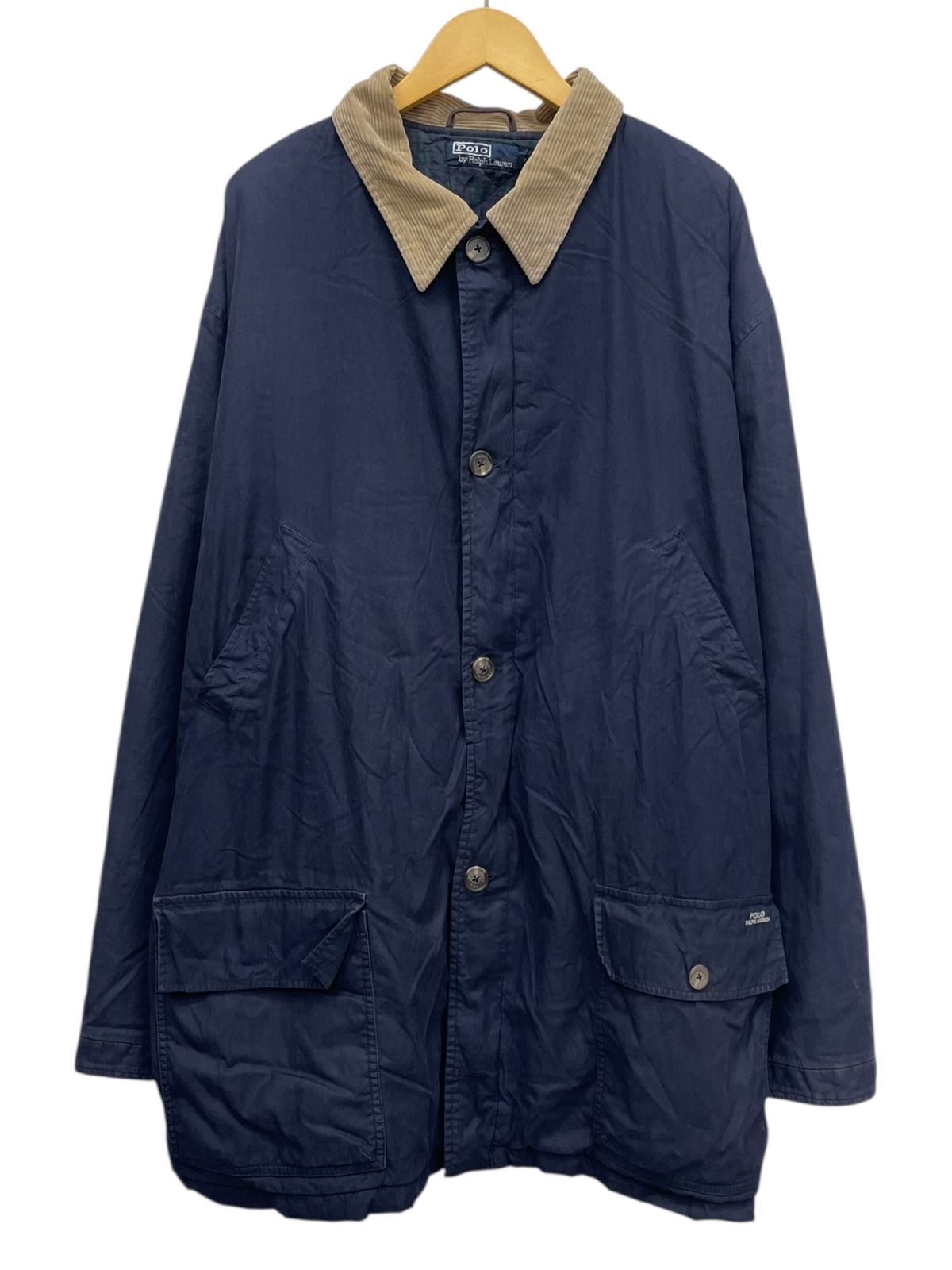LAUREN ポロラルフローレン オーバーコード 裏地チェック キルティング 中綿 コットン 襟コーデュロイ 太畝 古着 90 s XXL ネイビー メンズ 045