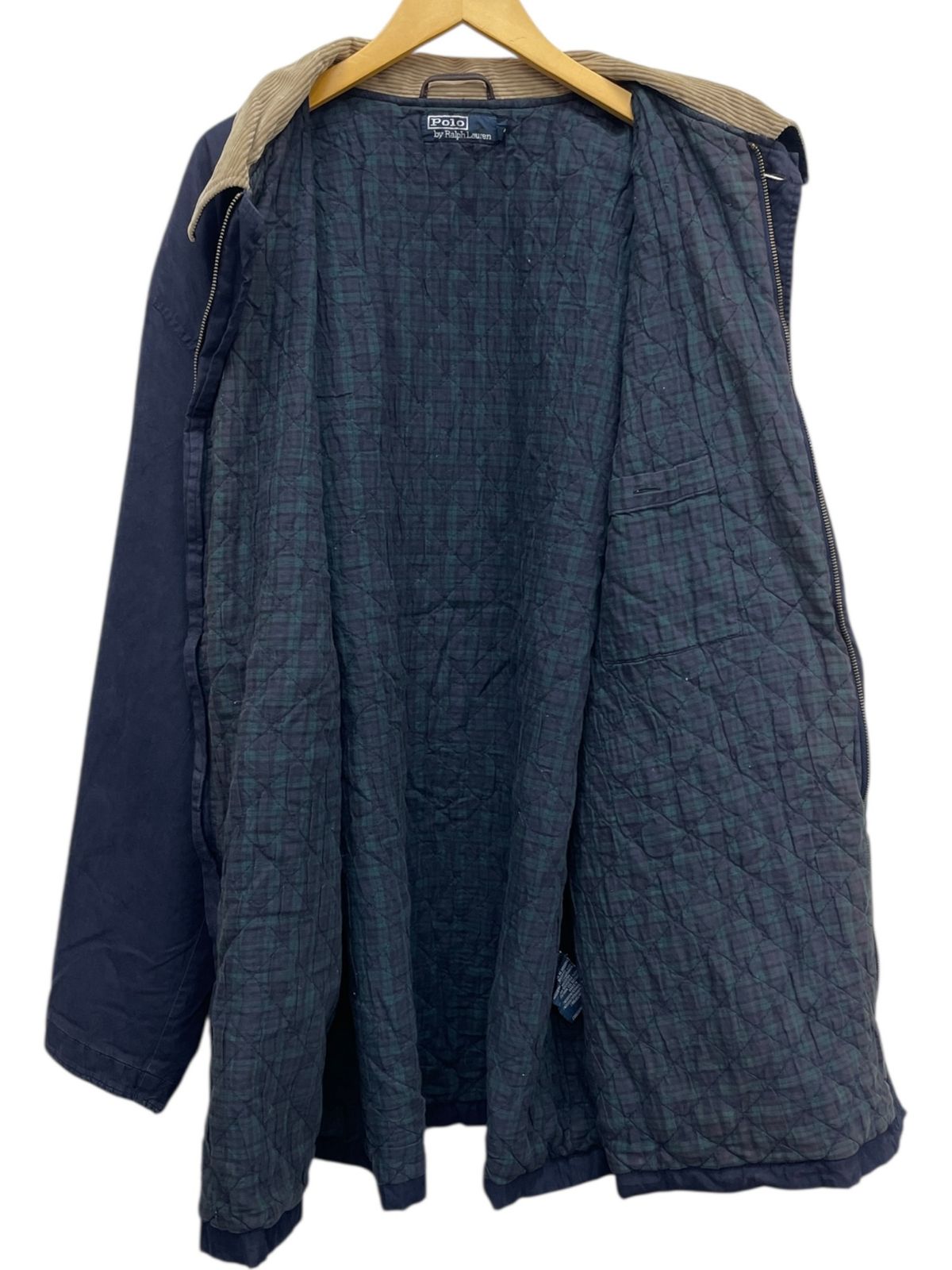 LAUREN ポロラルフローレン オーバーコード 裏地チェック キルティング 中綿 コットン 襟コーデュロイ 太畝 古着 90 s XXL ネイビー メンズ 045