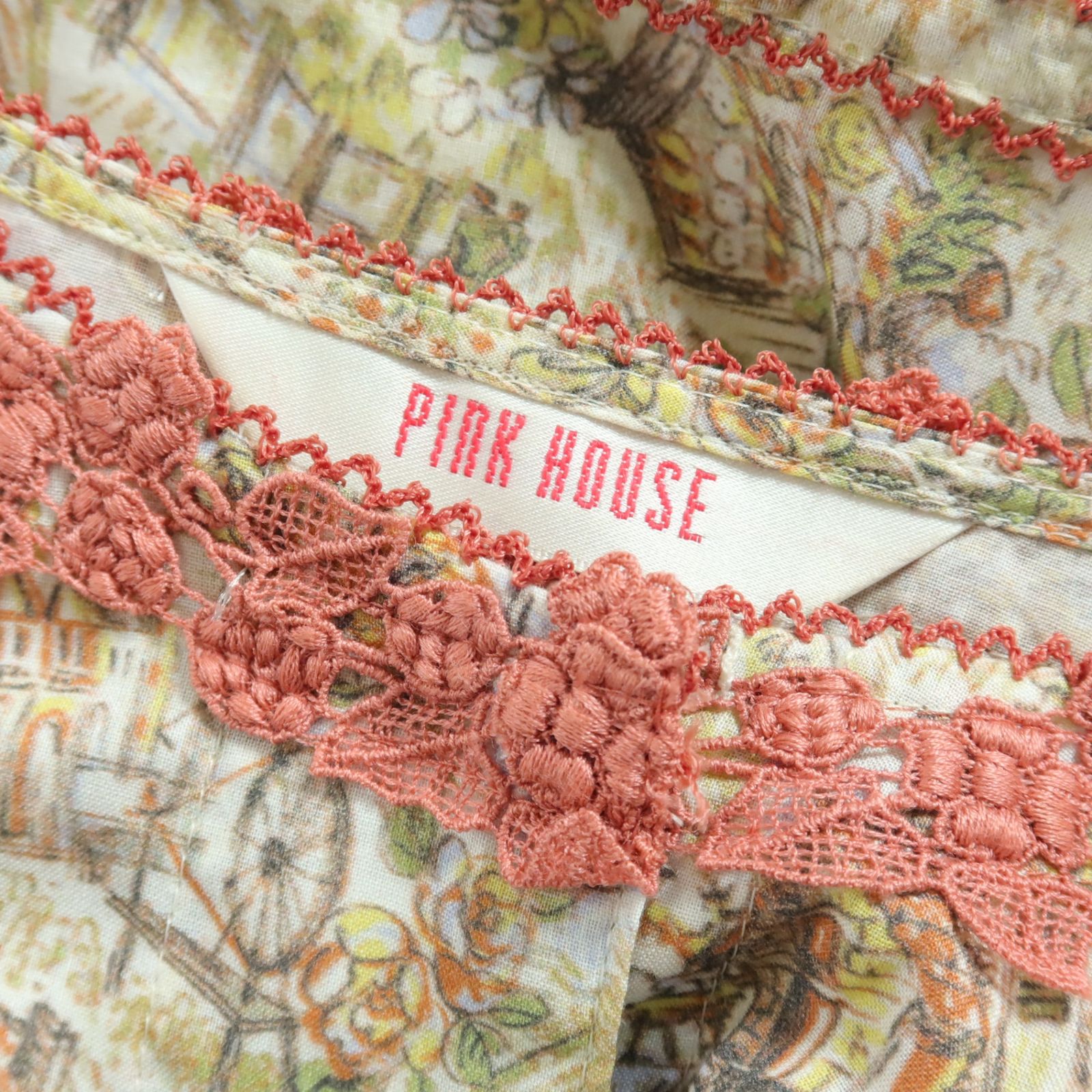 極美品】ピンクハウス☆風景スケッチ柄♪ 半袖ワンピース ミックス系  