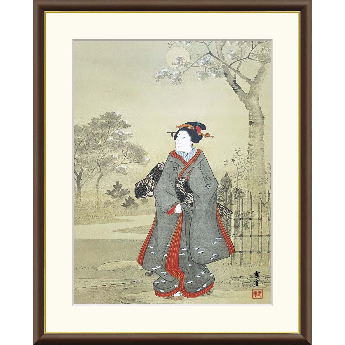 絵画 日本の名画 月夜観桜美人図 歌川広重 額入り インテリア アート 額絵