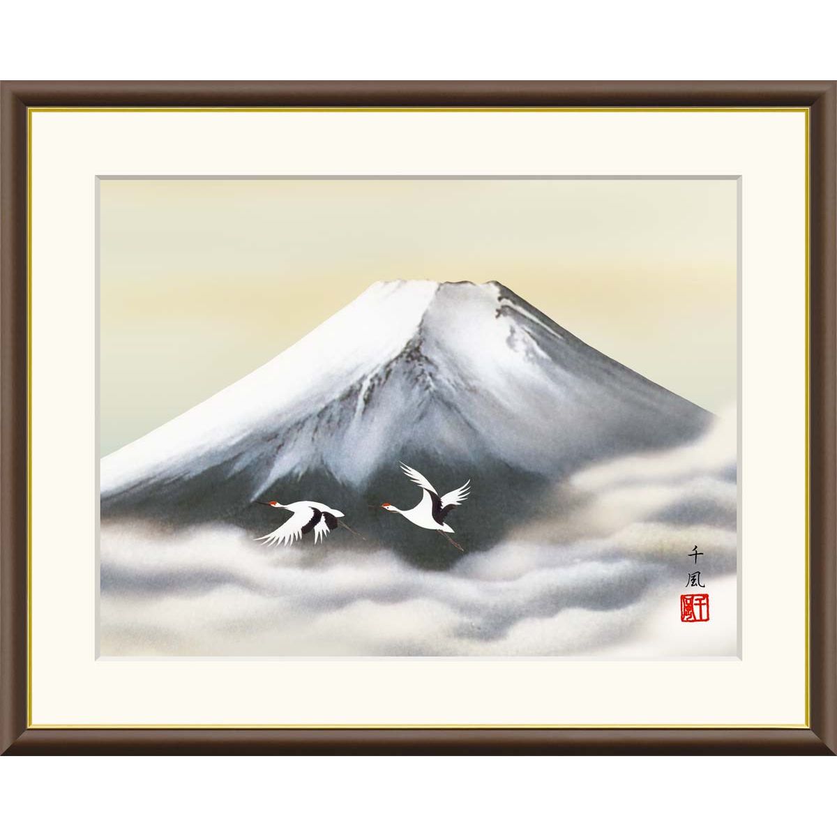 アンティーク調 額装アート 2点セット 美術品・アンティーク・コレクション 絵画 現代日本画 山水画 富士山