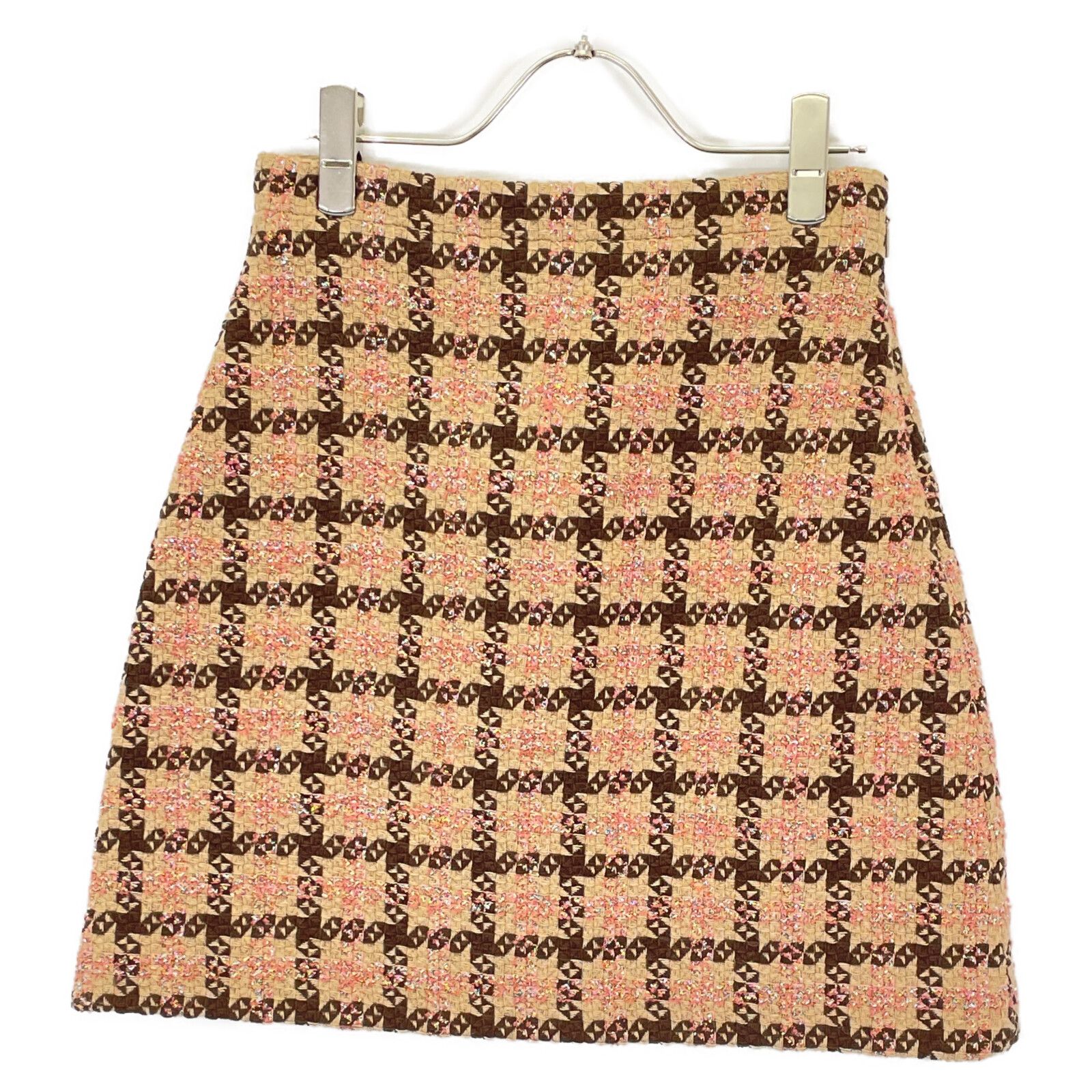 GUCCI グッチ 677554 ZAHD6 ﾍﾞｰｼﾞｭ×ﾋﾟﾝｸ ｳｰﾙ混 ﾗﾒﾂｲｰﾄﾞｼｮｰﾄｽｶｰﾄ 38 