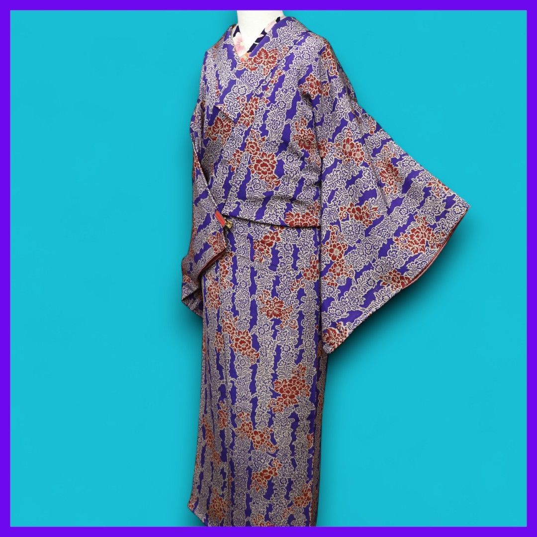 a0908 .。. 三日月とうさぎ.。. SHOPフォローで きクーポン有り アンティーク着物 正絹 袷小紋 フラワーストライプ