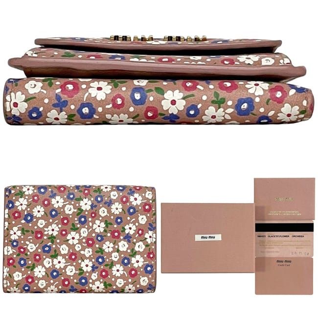 ミュウミュウ 三つ折り 財布 ピンク 花柄 5MH021 美品 レザー 中古