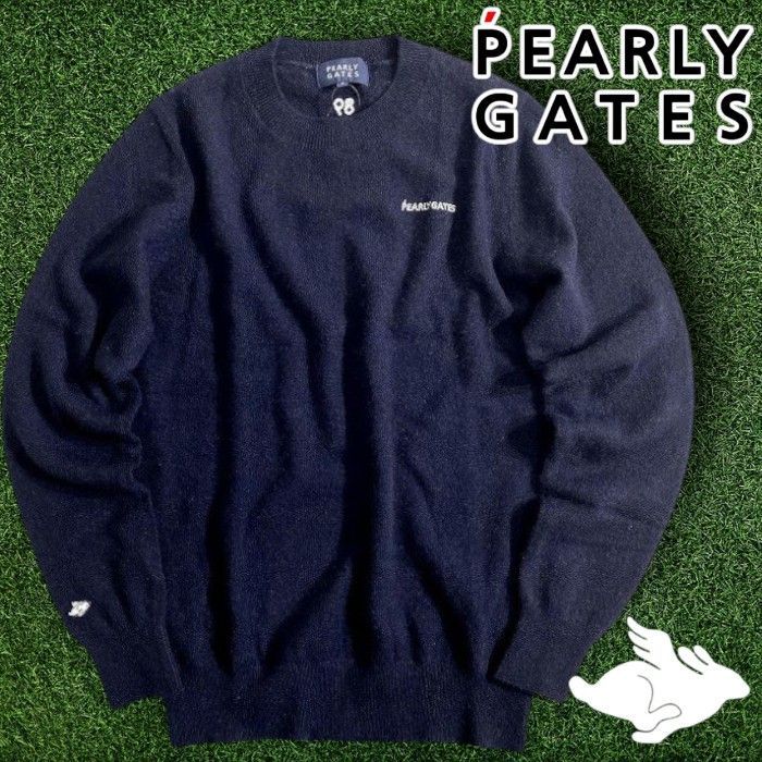 パーリーゲイツ ゴルフ ESSENTIAL SERIES ピュアカシミヤ フライングラビット刺繍 薄手 クルーネック 丸首 長袖 ニット セーター ゴルフウェア レディース 055-2970002 定価3.3万 ネイビーブラック ▲036 51020w04