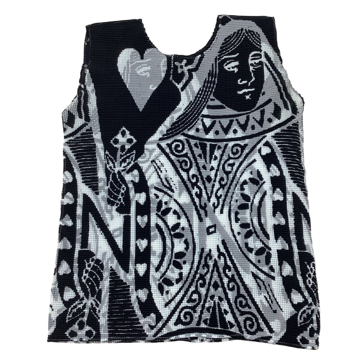 ISSEY MIYAKE イッセイミヤケ Me ミー レディース ノースリーブカットソー ワッフルプリーツ トランプ柄 ブラック