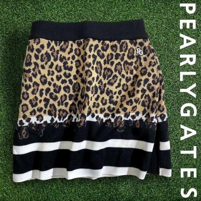 PEARLY GATES パーリーゲイツ ゴルフ ウール混 ニット ボーダー柄 レオパード柄 ミニ スカート ゴルフウェア レディース 055-2234032 定価3.5万 ブラック ブラウンベージュ ホワイト 0 ▲039 51017w05