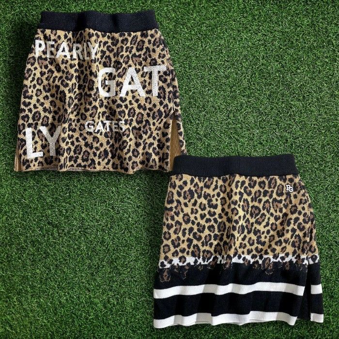 PEARLY GATES パーリーゲイツ ゴルフ日本製 ウール混 ニット ボーダー柄 レオパード柄 ミニ スカート ゴルフウェア レディース 055-2234032 定価3.5万 ブラック ブラウンベージュ ホワイト 0 ▲039 51017w05 WWW_SMP1DAWEKUDUS_SCH_ID