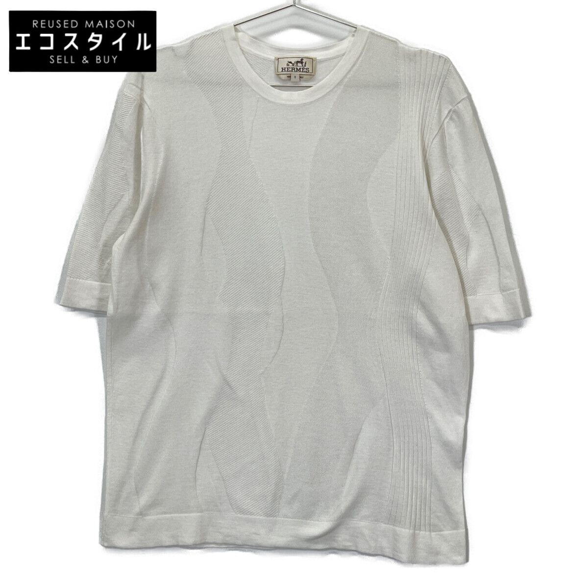 HERMES エルメス ホワイト ウェーブエンボス 五分袖プルオーバーニット S