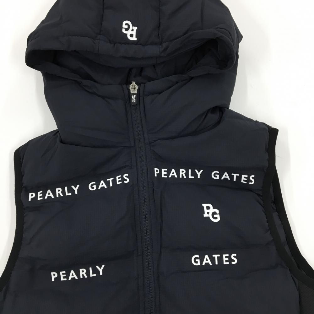 超 パーリーゲイツ フード付中綿ベスト ダークネイビー×白 ロゴ総柄 一部パンチング レディース 1 M ゴルフウェア PEARLY GATES LLC-HASEGAWATOSO_COM