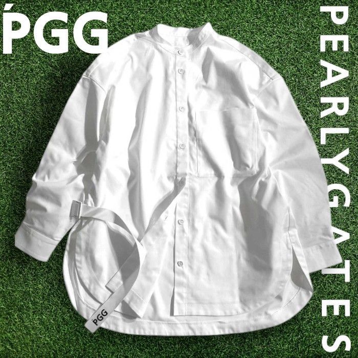 ピージージー パーリーゲイツ ゴルフ リサイクルポリデニム ストレッチ バンドカラー 長袖 シャツ シャツジャケット 共布スカーフ付き ゴルフウェア レディース 269-2110302 定価3.3万 ホワイト 1 ▲036 51014w02