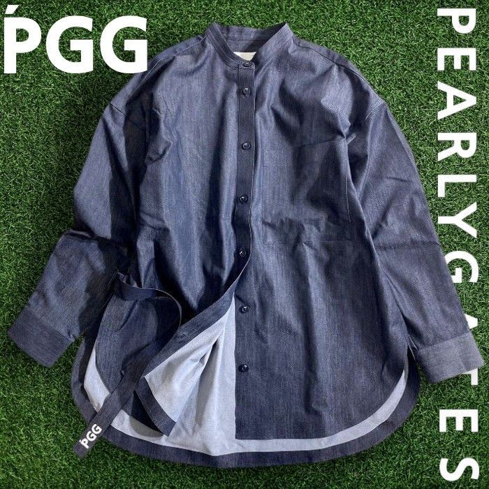 ピージージー パーリーゲイツ ゴルフ リサイクルポリデニム ストレッチ バンド 長袖 シャツ シャツジャケット 共布スカーフ付き ゴルフウェア レディース 269-2110304 定価3.4万 ネイビー 1 ▲038 51014w01