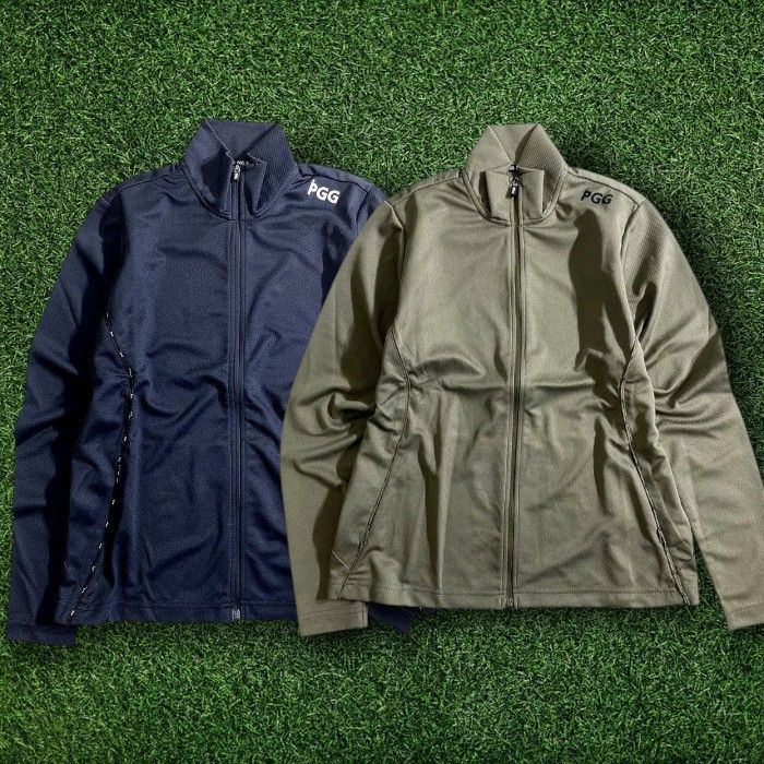 PGG by PEARLY GATES パーリーゲイツ ゴルフ 吸水速乾 ニットデニム ツイル調 ロゴパイピング ダブルジップ 長袖 カットソー ライトアウター ウェア レディース 269-2262002 定2.5万 ネイビー 028 51014w06