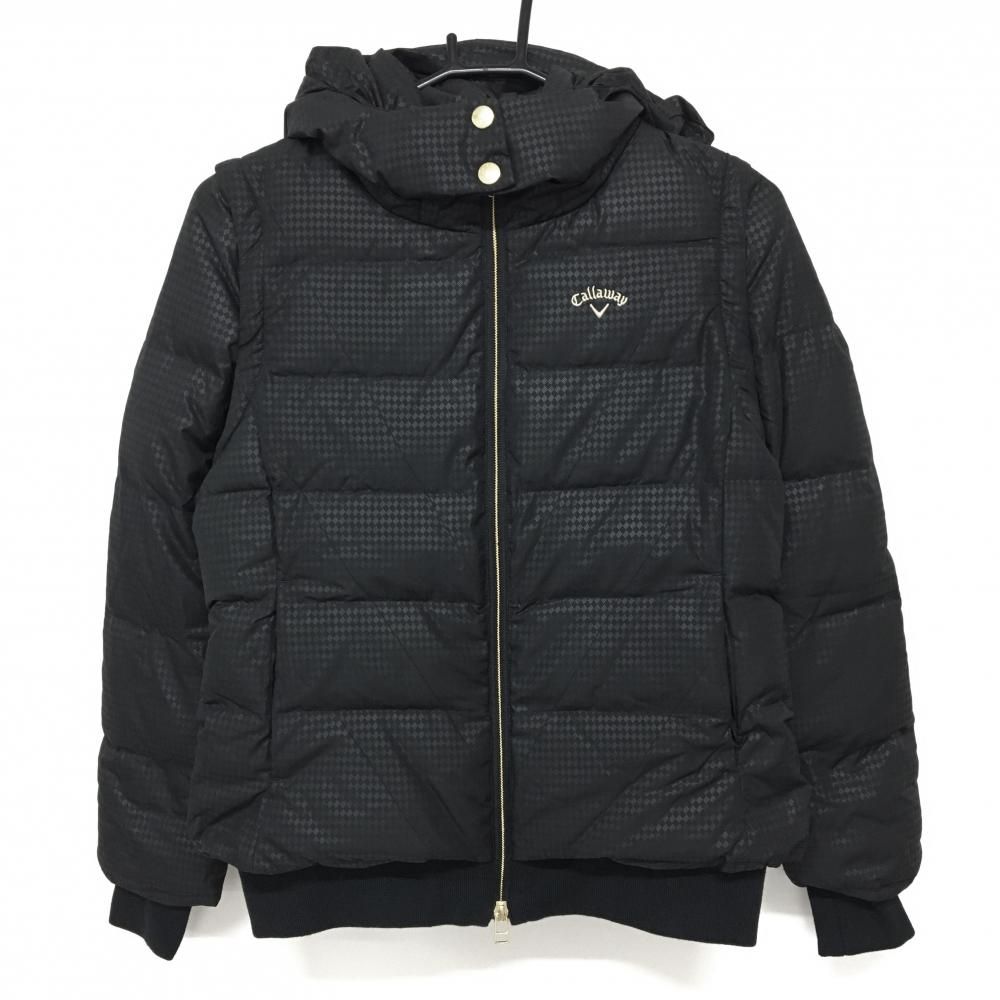 キャロウェイ 4WAYダウンジャケット 黒 地模様 ロゴゴールド 袖 フード着脱可 レディース S ゴルフウェア Callaway