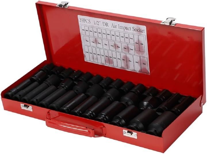 New self インパクト ソケット セット 35 点 12.7mm 1 2 六角 ソケットレンチ 用 ショート ディープ 両対応 収納ケース 付き クロムモリブデン鋼製 耐久性 整備工具 車 バイク DIY レッド