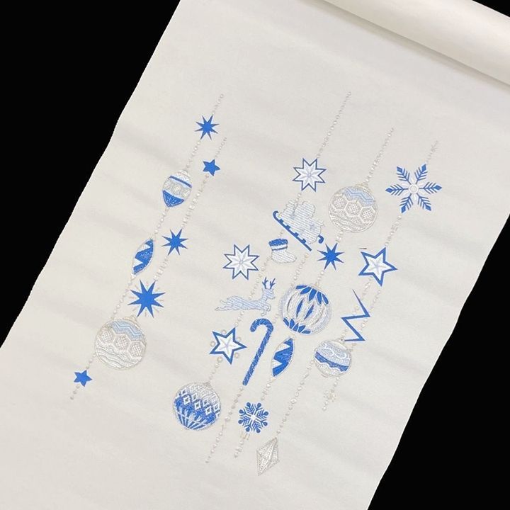 未仕立て品 名古屋帯 九寸帯 クリスマス 刺繍 オーメント 白 正絹 日本製 西陣 大光謹製
