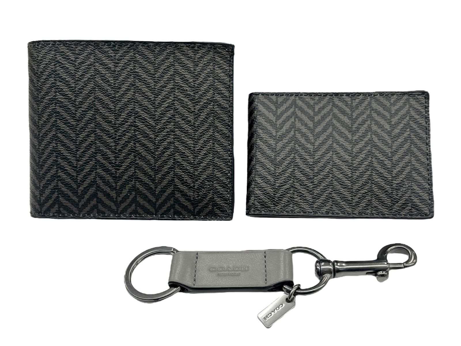 COACH コーチ ヘリンボーン レザー 二つ折り財布 カードケース キーリング セット ボックスド 3-IN-1 F73117 ブラック メンズ 028