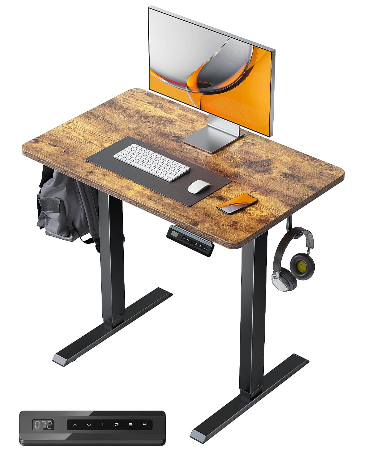 FEZIBO 電動 昇降デスク 一枚板 幅80cm 奥行60cm 高さ72-118cm スタンディングデスク 上下昇降 電動デスク 昇降式 ゲーミングデスク 4つメモリー機能 オフィスワーク スタンドpc机 ブラックフレーム ブラウン天板