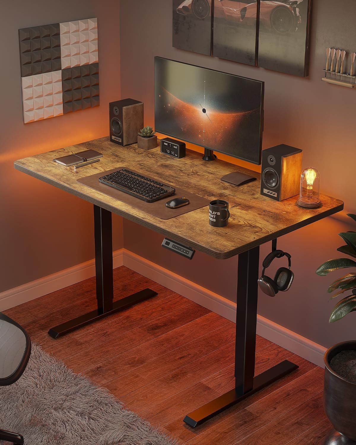 FEZIBO 電動 昇降デスク 一枚板 幅80cm 奥行60cm 高さ72-118cm スタンディングデスク 上下昇降 電動デスク 昇降式 ゲーミングデスク 4つメモリー機能 オフィスワーク スタンドpc机 ブラックフレーム|ブラウン天板