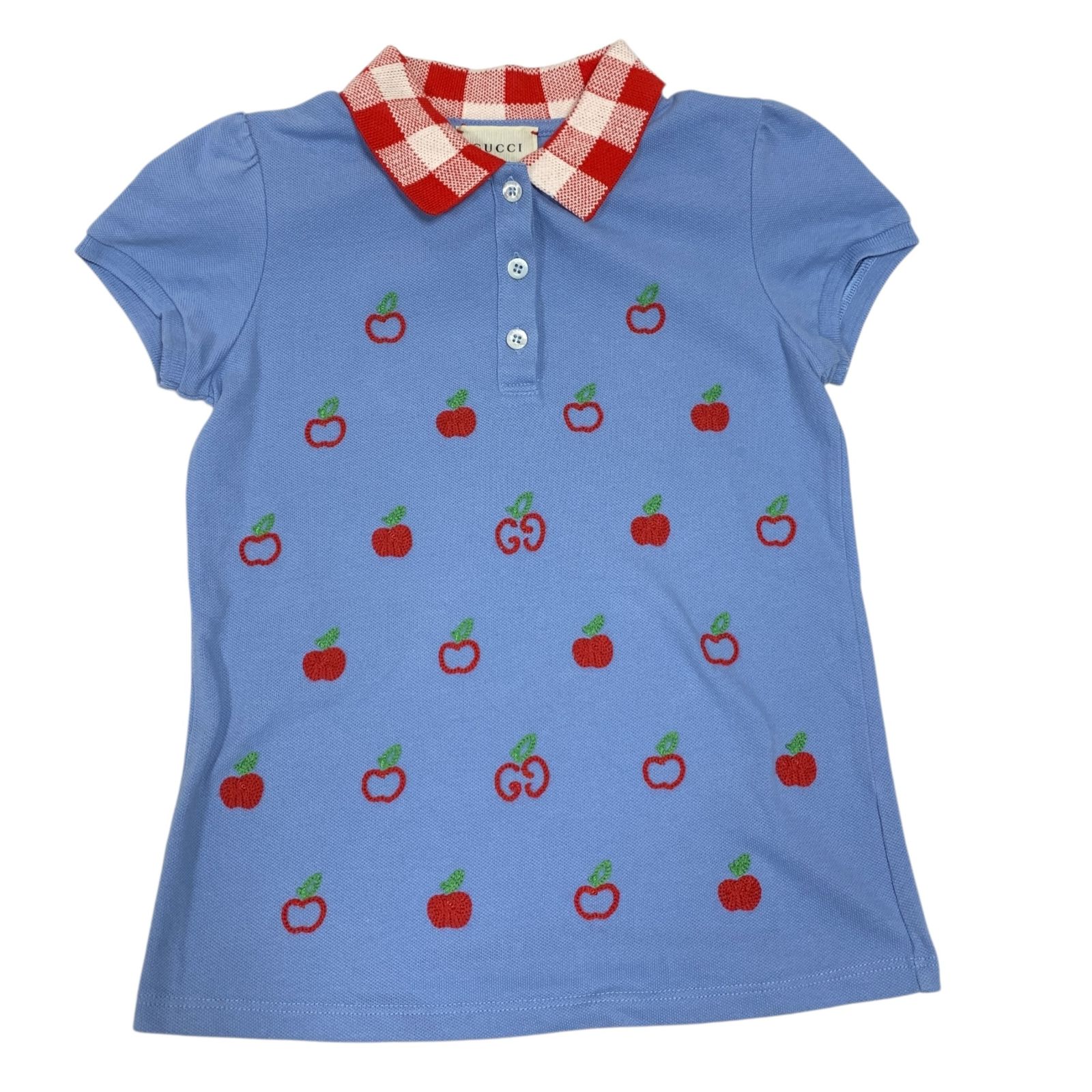 ◆ 品◆ GUCCI グッチ KIDS キッズ GG×りんご柄 刺繍 サイズ6 ポロシャツ 半袖 鹿の子 トップス 子供服 ブルー V100462NM