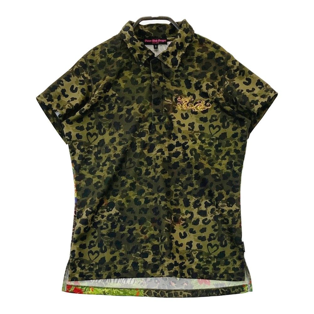 サイズ 2 DANCE WITH DRAGON ダンスウィズドラゴン 半袖ポロシャツ 総柄 レオパード柄 花柄 カーキ系 240101255244 ゴルフウェア レディース ストスト