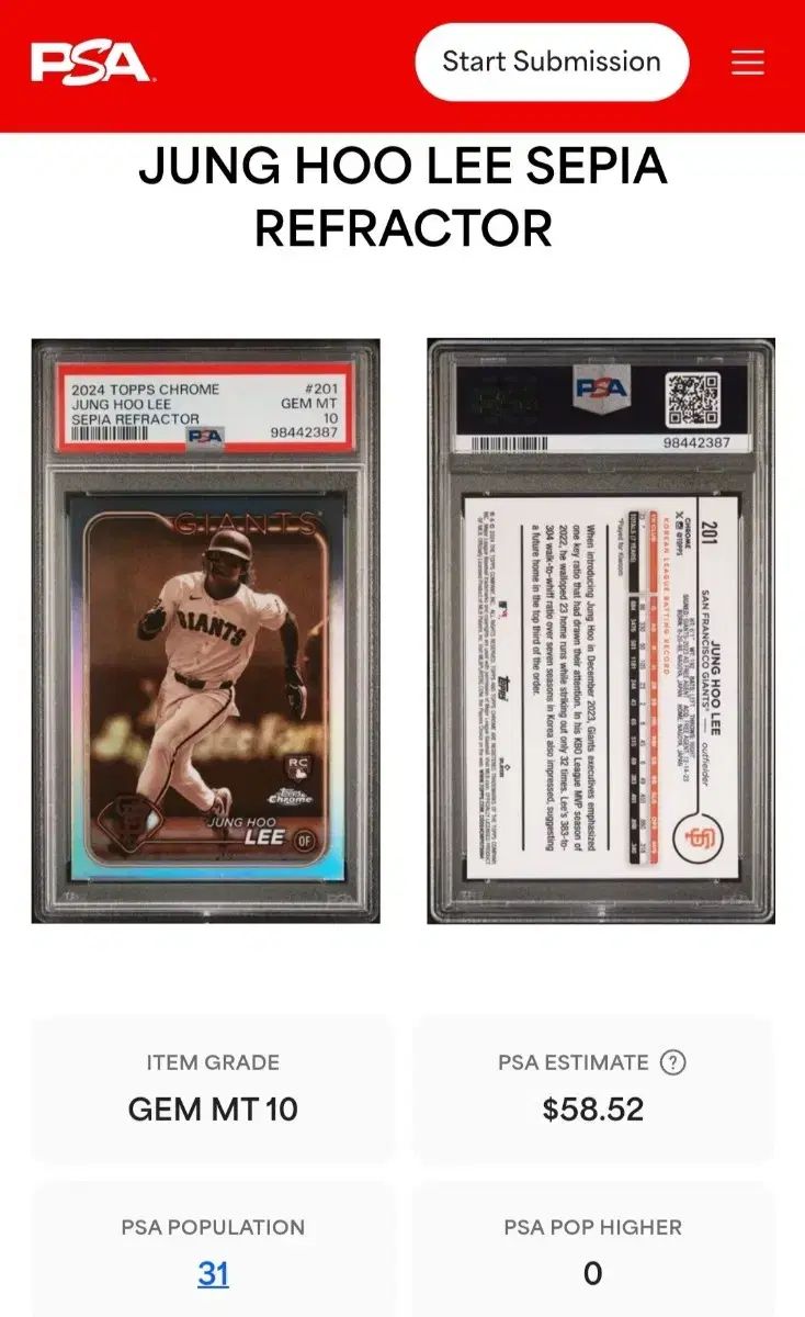  2025 TOPPS トップス クロム 李政厚 イ ジョンフ ルーキー セピア リフレクター PSA 10 カード 記念グッズ 野球